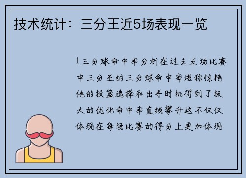 技术统计：三分王近5场表现一览