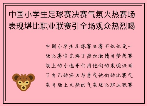 中国小学生足球赛决赛气氛火热赛场表现堪比职业联赛引全场观众热烈喝彩